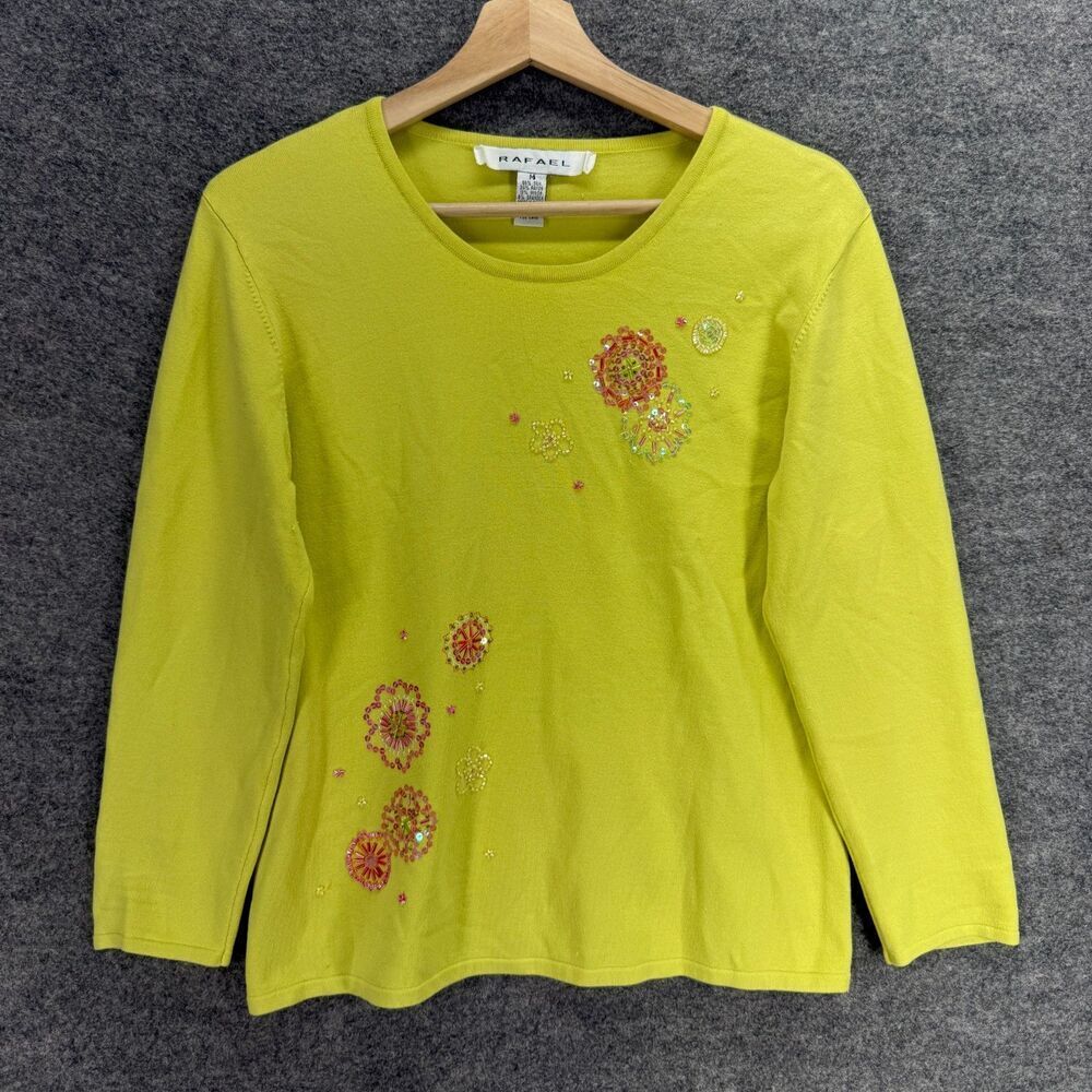 Rafael Top Women M Medium Yellow Floral Rhinestone Silk Long Sleeve Casual